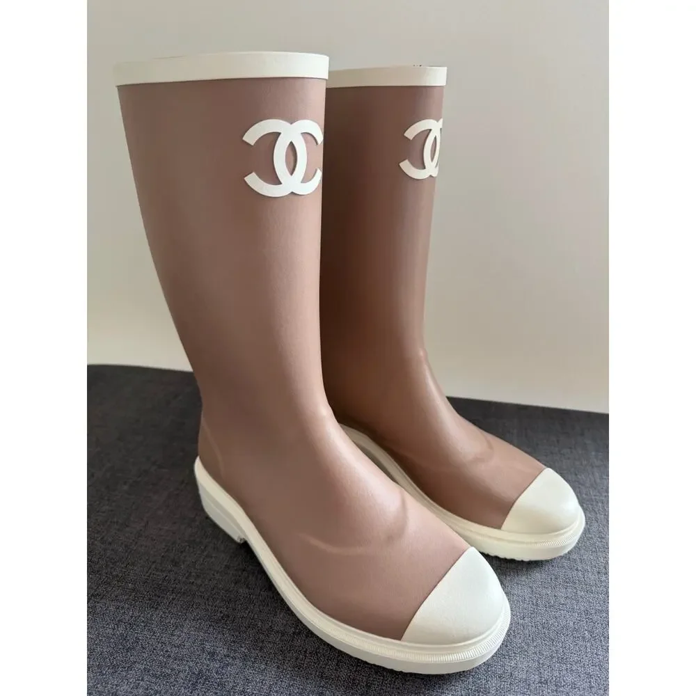 Chanel 26C Beige White Caoutchouc CC Logo High Pull On Rubber Rain Boots 36 - Picture 4 of 16